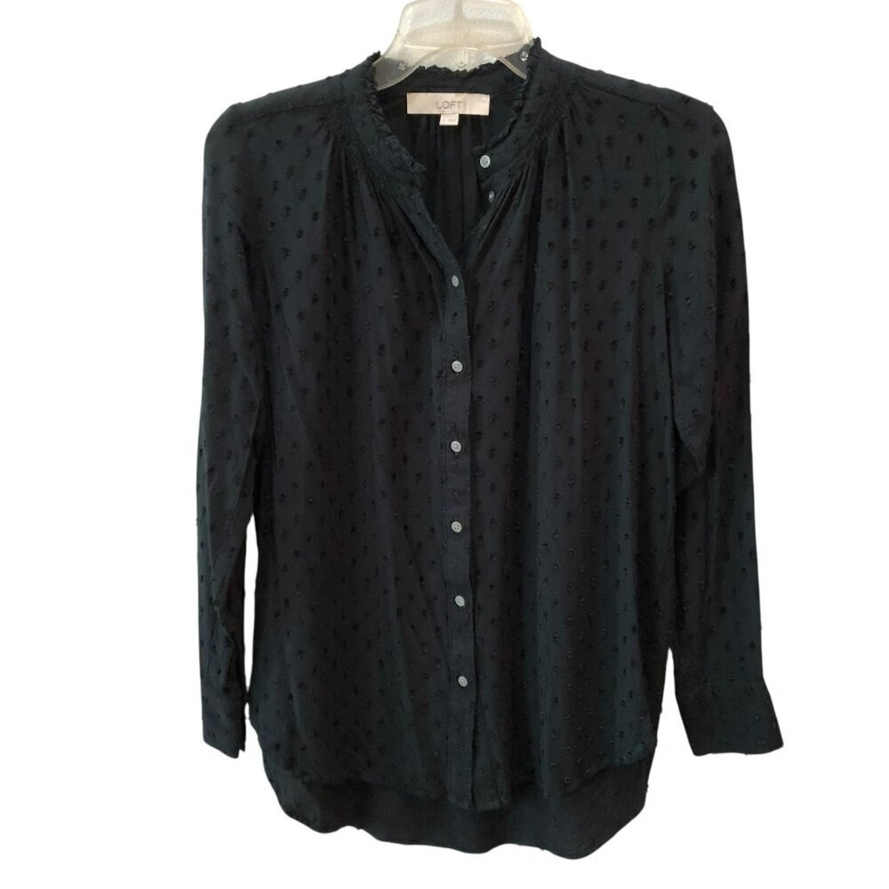 Loft Womens XS Black French Dot Embroidered L/S Button Up Blouse Top Shirt - Picture 2 of 8